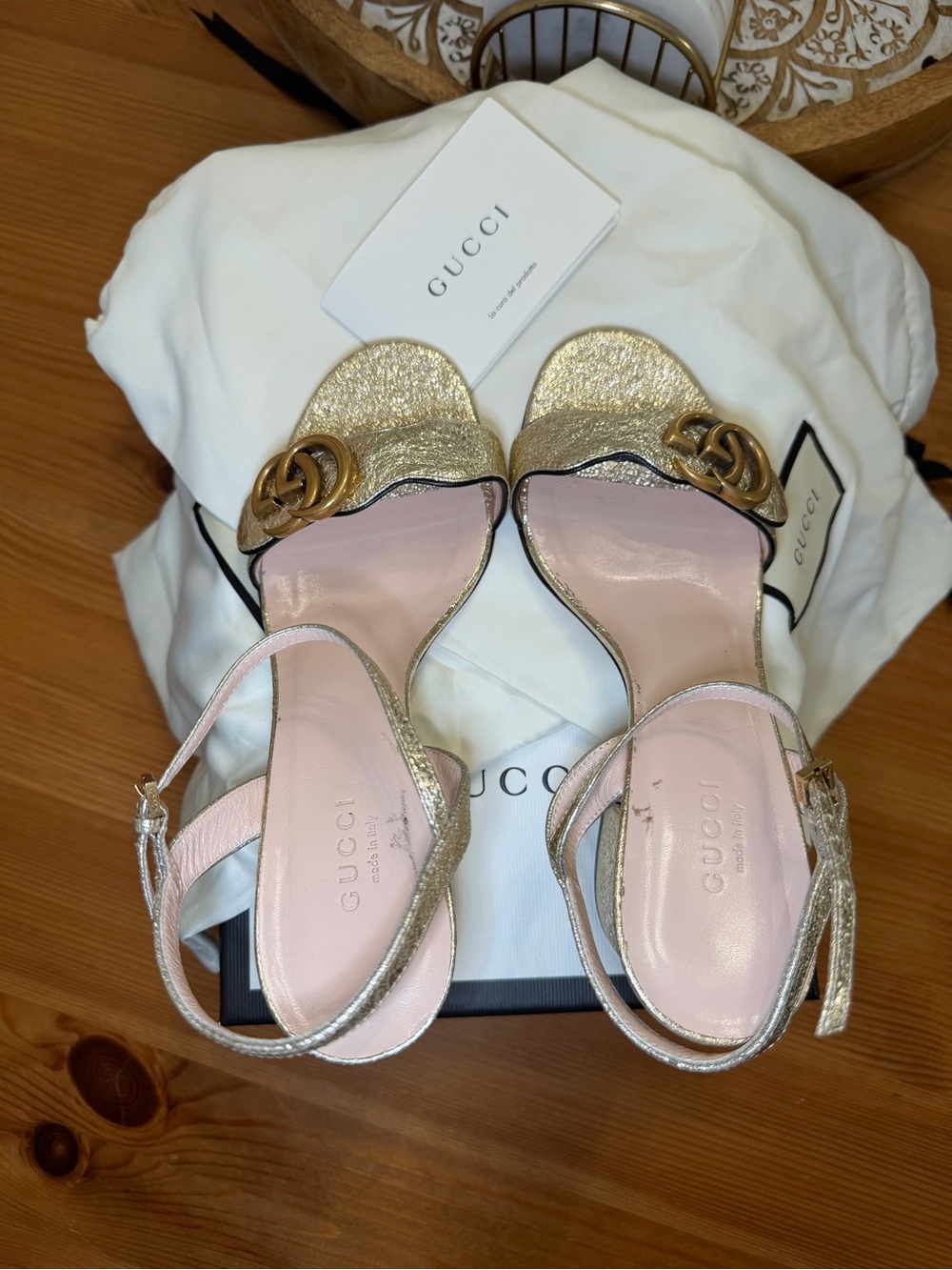 Gucci Gold Metallic Leather GG Logo Ankle-Strap Heels with Pink Insole - Picture 3 of 5